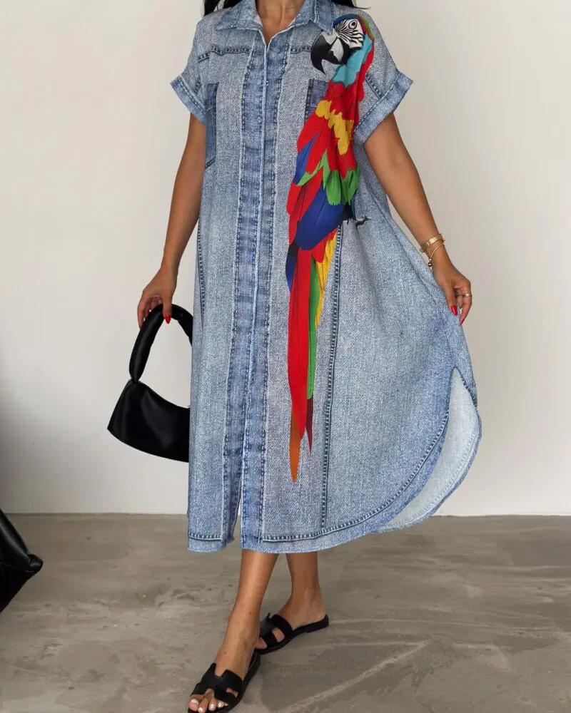 Parrot Light Denim Print Delight Dress