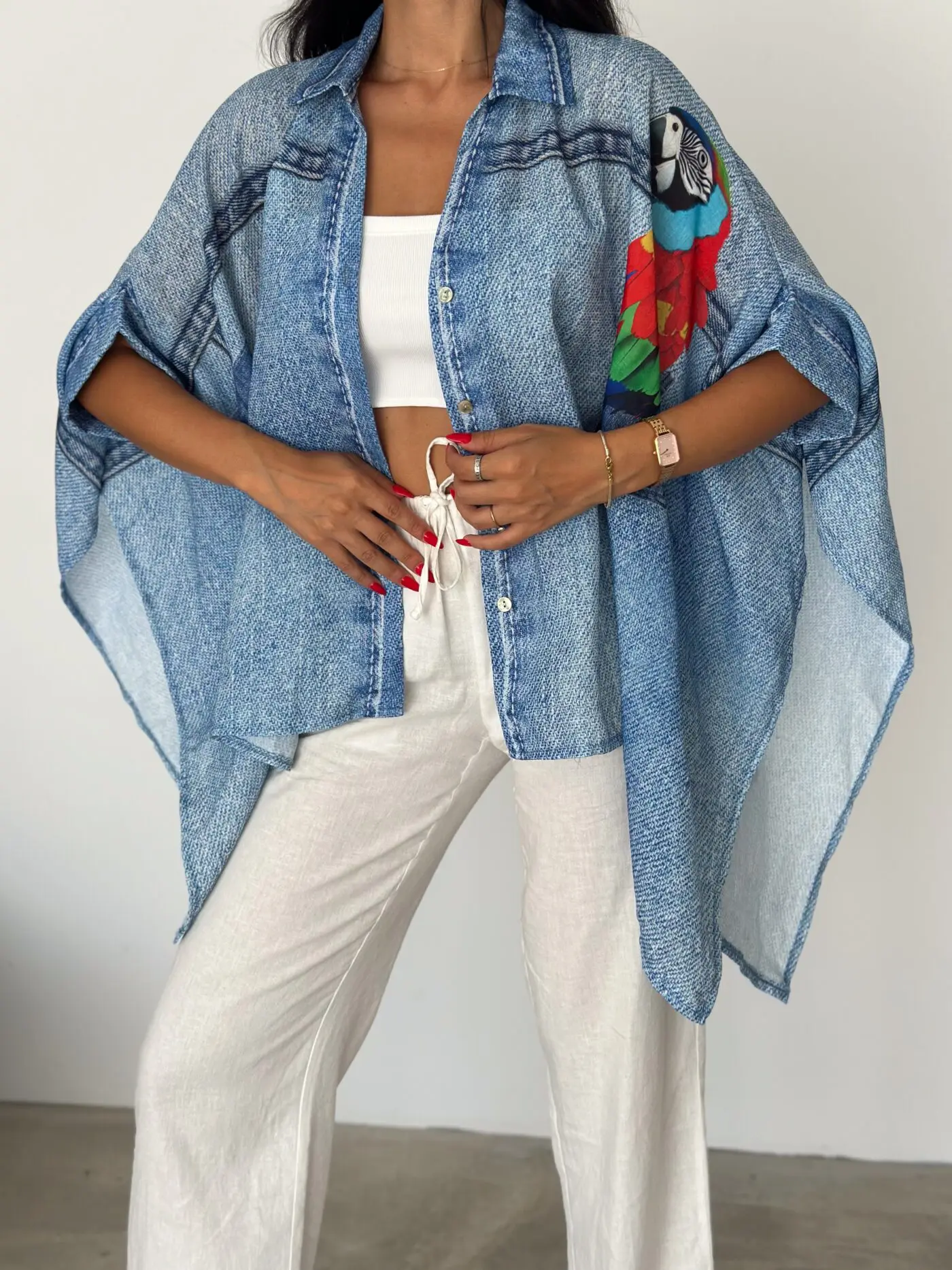 Parrot Denim Print Cape