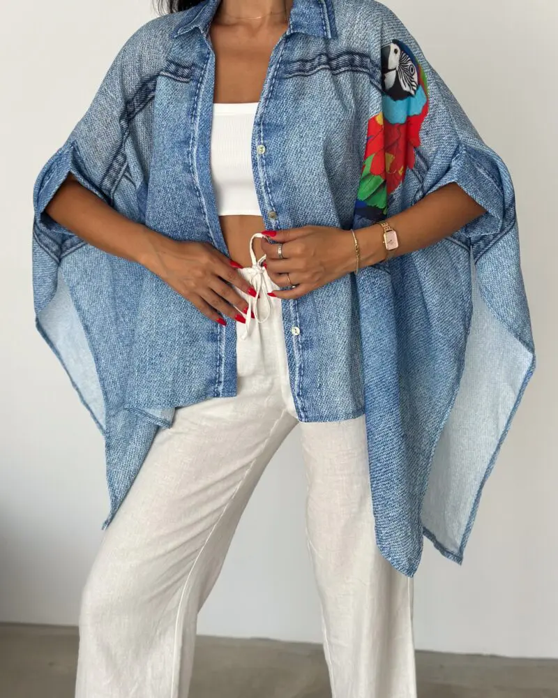 Parrot Denim Print Cape