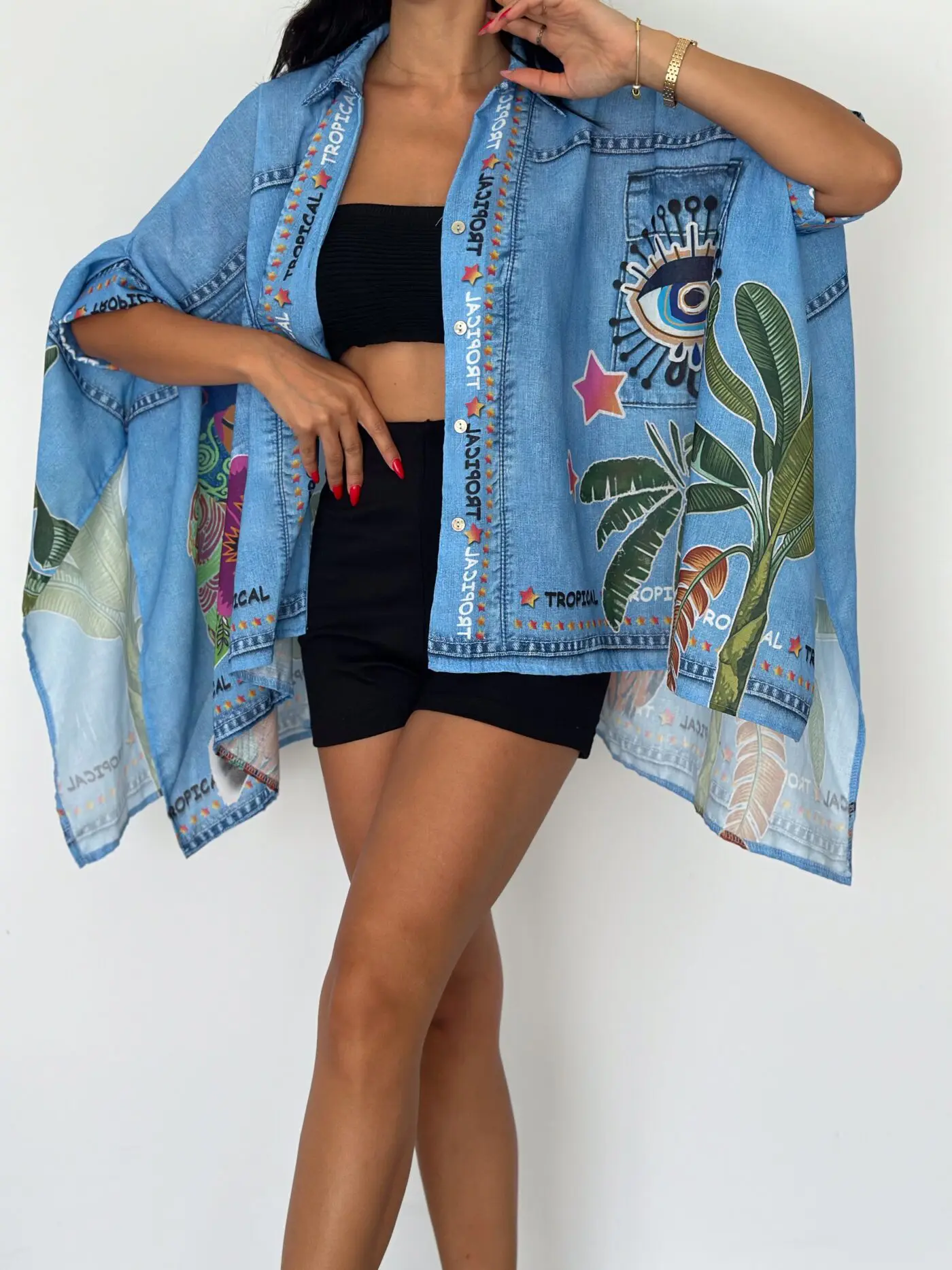 Floral Light Denim Print Cape