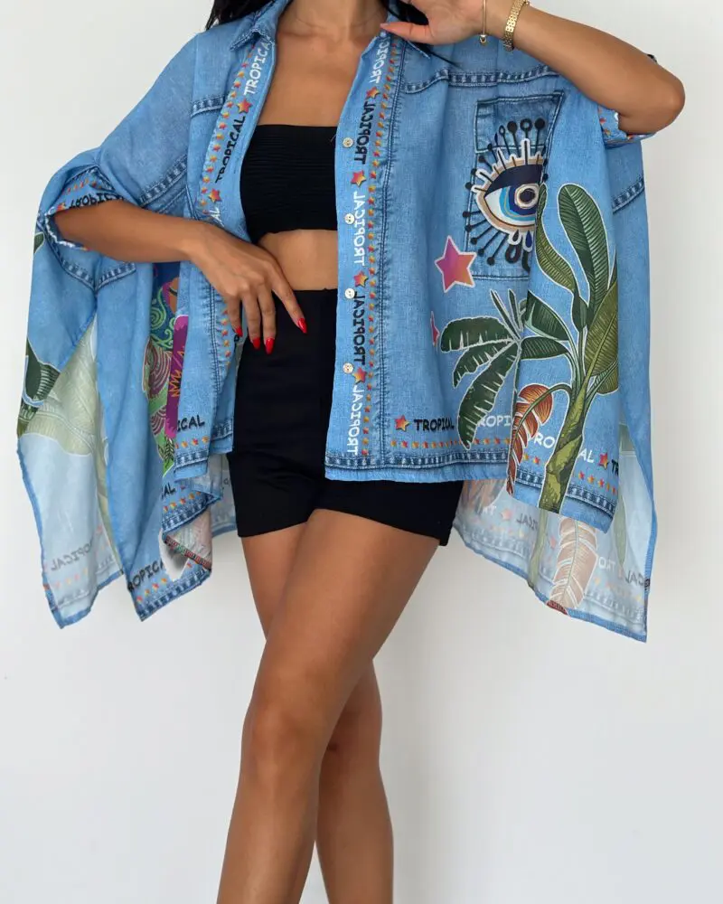 Floral Light Denim Print Cape